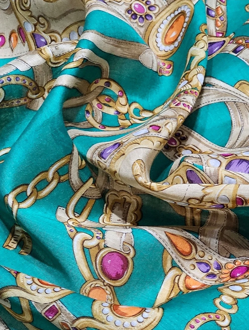 Celine Turquoise Silk Scarf with Gold and Jewel Accents